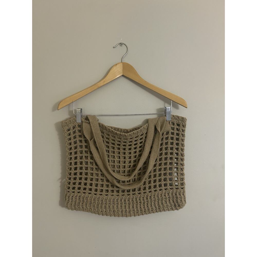 Beige Crochet Accents Large Woven Tote Shoulder Bag Lightweight Beach Boho